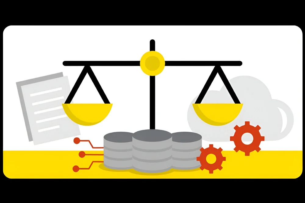 The scales of justice and symbols for digital documents and the cloud.