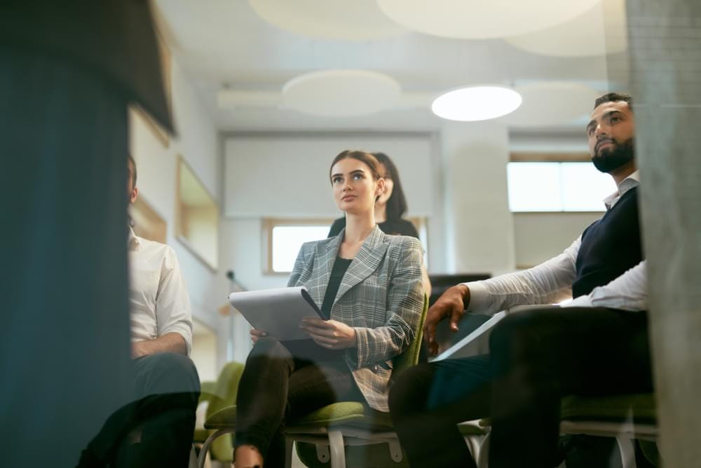 Two people in a work meeting