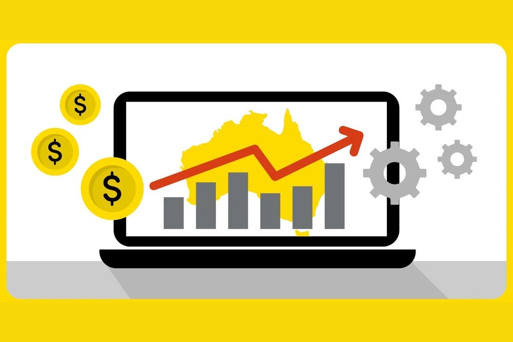 A laptop showing a map of Australia accompanied by symbols for finance and technology.