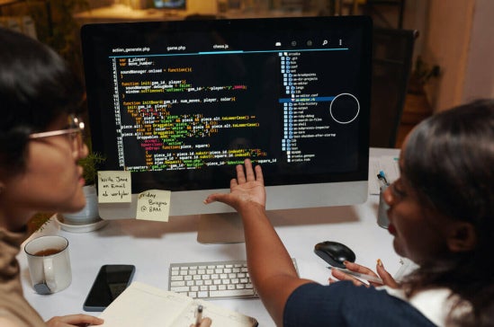 Two data professionals discussing programming code on a monitor.