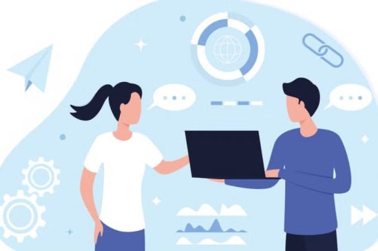 Two illustrated people are collaborating, with one holding a laptop and the other reaching towards it, surrounded by icons representing teamwork and technology.