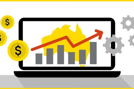 Illustration of a laptop displaying a bar chart and upward arrow over an outline of Australia, with dollar coins and gears, symbolizing financial growth and technology in Australian finance.