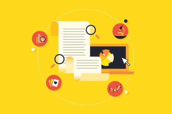 Illustration of documents, magnifying glasses, and a laptop showing a pie chart, surrounded by icons for data, research, and analysis on a yellow background.