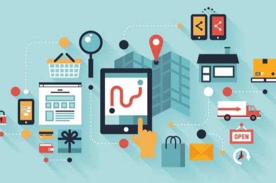 A flat design illustration showing various icons representing online shopping, delivery, security, and location connected around a central tablet.