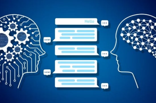 Illustration of a chatbot conversation between a robot head with digital circuits and a human head with a neural network, with speech bubbles in between.