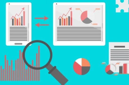 A digital illustration features a magnifying glass, graphs, charts, a globe, and search icons representing data analytics and global online research.
