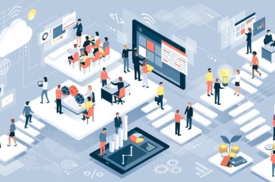 An illustrated scene contains groups of people interacting around oversized digital devices, charts, lightbulbs, and symbols representing collaboration, data analytics, and innovation in a connected workspace.
