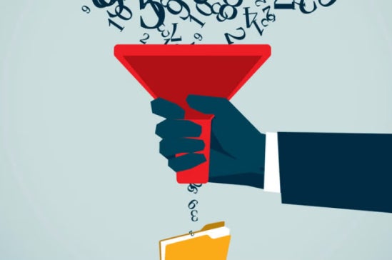 A hand filters a stream of data through a funnel into a folder, symbolizing the careful selection and handling of collected information.