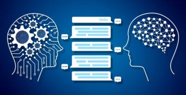 Illustration of a chatbot conversation between a robot head with digital circuits and a human head with a neural network, with speech bubbles in between.