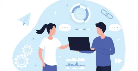 Two illustrated people are collaborating, with one holding a laptop and the other reaching towards it, surrounded by icons representing teamwork and technology.