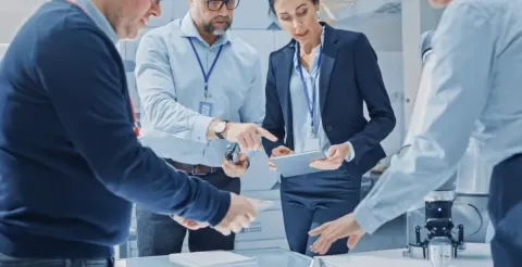 A group of data scientists and data analyts in a discussion at work
