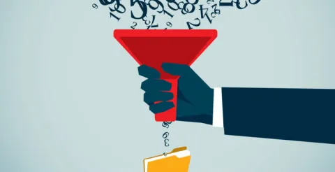 A hand filters a stream of data through a funnel into a folder, symbolizing the careful selection and handling of collected information.