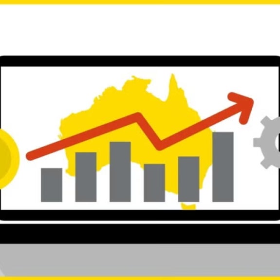 Illustration of a laptop displaying a bar chart and upward arrow over an outline of Australia, with dollar coins and gears, symbolizing financial growth and technology in Australian finance.