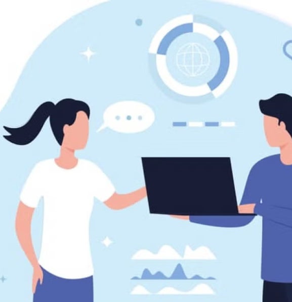 Two illustrated people are collaborating, with one holding a laptop and the other reaching towards it, surrounded by icons representing teamwork and technology.
