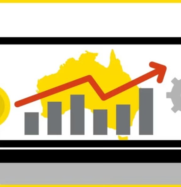 Illustration of a laptop displaying a bar chart and upward arrow over an outline of Australia, with dollar coins and gears, symbolizing financial growth and technology in Australian finance.