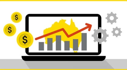 Illustration of a laptop displaying a bar chart and upward arrow over an outline of Australia, with dollar coins and gears, symbolizing financial growth and technology in Australian finance.