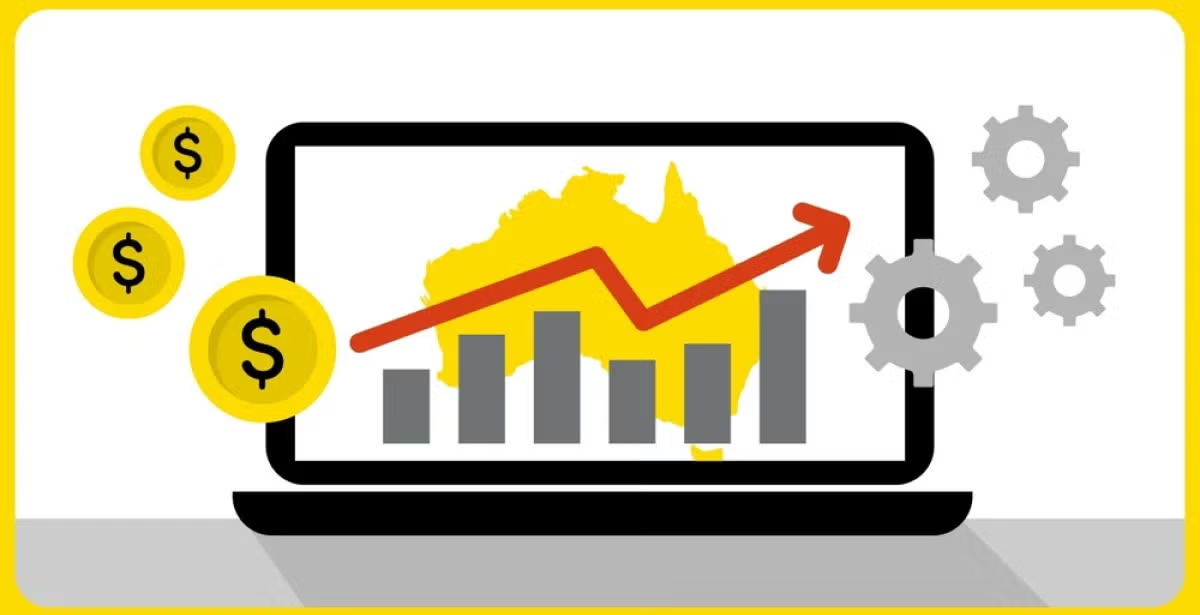 Illustration of a laptop displaying a bar chart and upward arrow over an outline of Australia, with dollar coins and gears, symbolizing financial growth and technology in Australian finance.