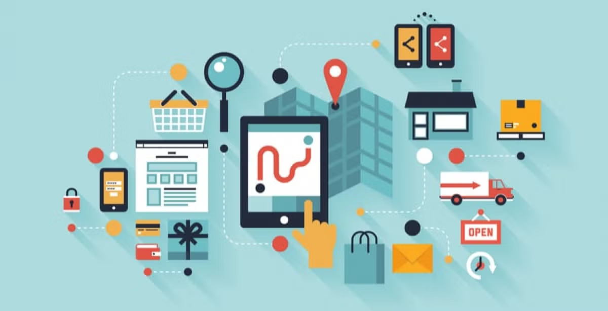 A flat design illustration showing various icons representing online shopping, delivery, security, and location connected around a central tablet.