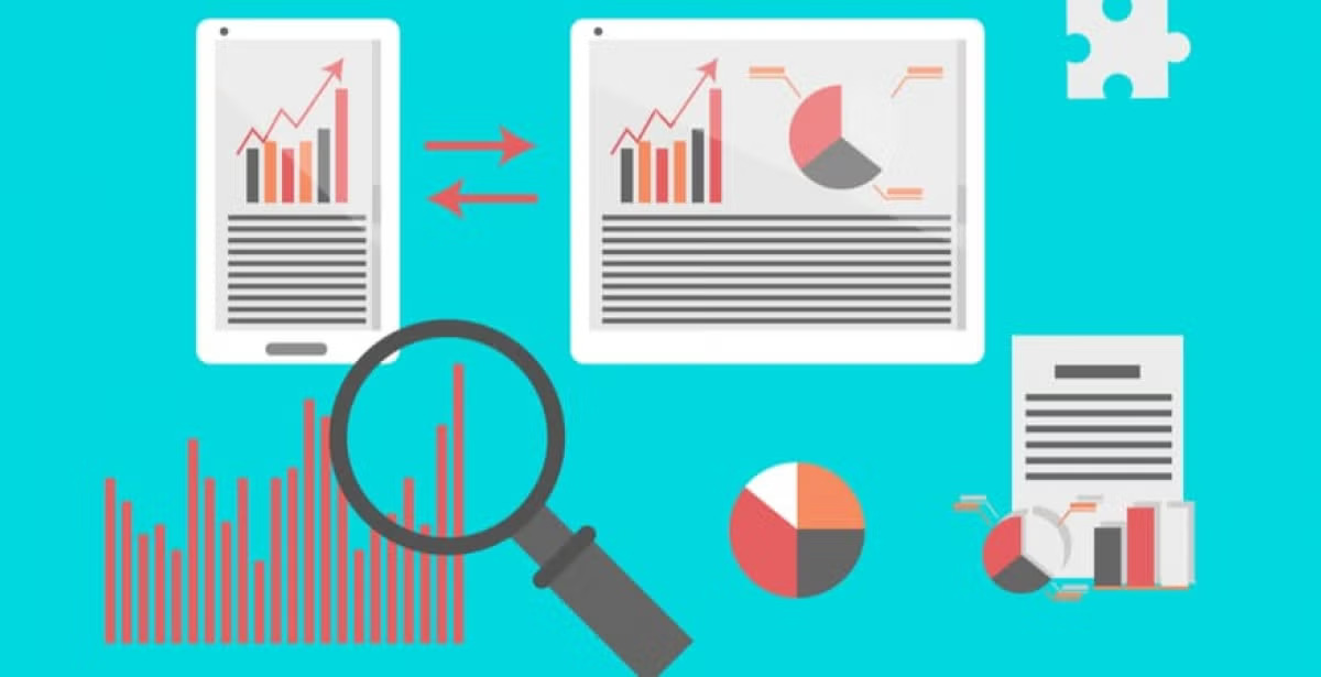 A digital illustration features a magnifying glass, graphs, charts, a globe, and search icons representing data analytics and global online research.