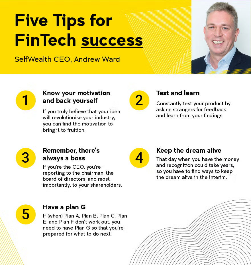 Infographic with "Five Tips for FinTech success" by SelfWealth CEO Andrew Ward, listing five actionable tips, with a portrait of the CEO.